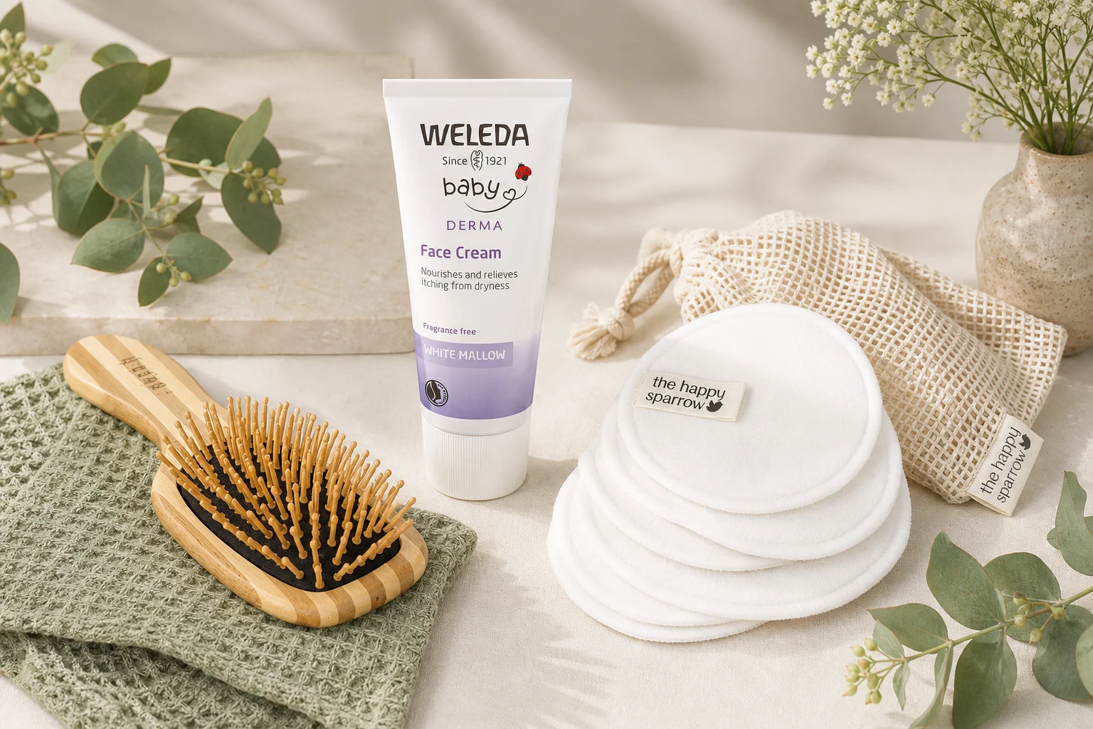 Almost Plastic Free featuring Bass Brushes Bamboo Wood Hair Brush Semi S Shape, Weleda White Mallow Baby Derma Face Cream 50m