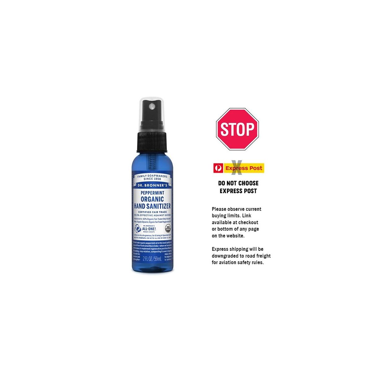 Buy Dr Bronner's Organic Hand Sanitiser Spray Peppermint Online