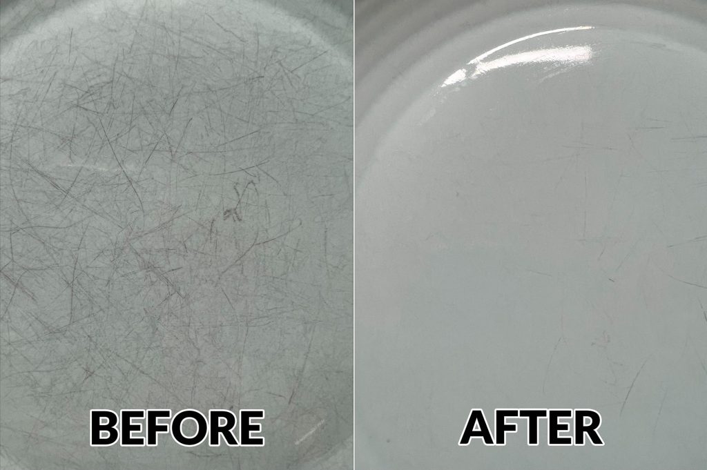 Bon Ami before and after cleaning a plate